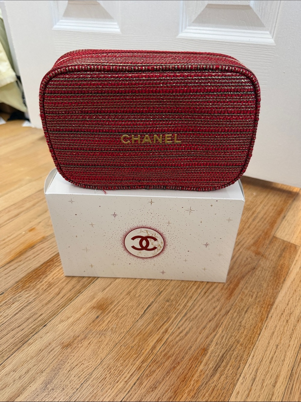 CHANEL Red Textured Zip Cosmetic Case with Gold Logo